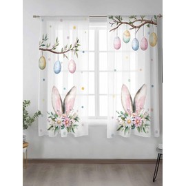 IDOWMAT Sheer Curtains 63 Inch Long - Spring Easter Rabbit Ears with Eggs Branches Rod Pocket Window Curtain, White Voile Drapes for Bedroom Living Room Kitchen Windows,2 Panels