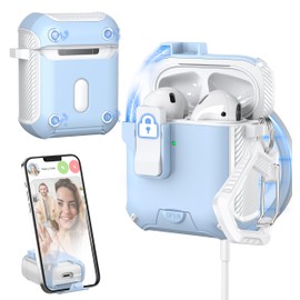 MHYALUDO for AirPods Case Cover 2nd/1st Generation, Compatible with Magsafe, Magnetic Automatic Lock, Charging Port Dust-Proof & Stand Design with Cleaning Kit, Snow White/Sky Blue