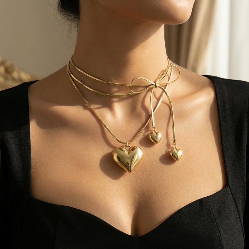 JRAIYBZ Chunky Heart Tie Necklace for Women,Heart Locket Wrap Choker