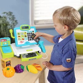 FS Pretend Play Cash Register Toys with Scanner, Calculator, Large Drawer, Microphone, Play Food, Supermarket Cashier Register Toy, Pre-School Gift for Kids, Toddlers, Boys & Girls, Ages 3 4 5 6 7 8