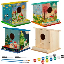 Liliful 4 Pack DIY Wooden Birdhouse Bird Feeder Kits for Kids Unfinished Wooden Bird Houses with Paints and Paintbrushes for Classroom Arts and Craft Gifts for Boy or Girl Birthday Party