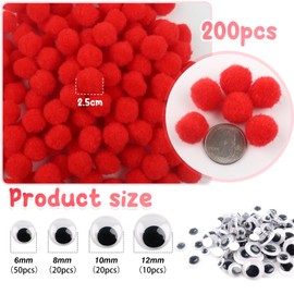 TOAOB 200pcs Red Pompoms with Googly Eyes 1 Inch Fuzzy Pom Poms Balls Arts and Crafts Supplies for DIY Crafts Decorations