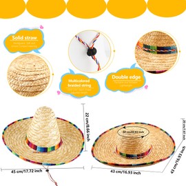 Cagemoga 2 Pack Mexican Sombrero Hat Large Sombrero Straw Hat with Rainbow Serape Trim for Adults Teens Mexican Fiesta Party Fancy Dress Costume Accessories, 2 Styles