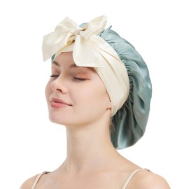 LumeSilk 100% Mulberry Silk Hair Bonnet, Double-Layered Silk Hair Bonnet, Sleep Cap with Ribbons (Green)