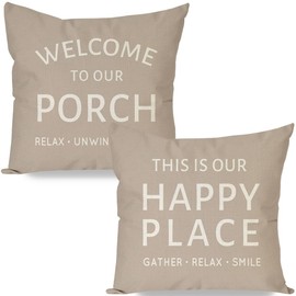 HERHOME Outdoor Farmhouse Decorative Throw Pillow Covers 18x18 Inch Set of 2 Welcome to Our Porch This is Our Happy Place Beige Cushion Case Decoration for Patio Furniture Couch Front Porch Decor