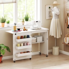 Giantex Folding Sewing Table with Charging Station, Rolling Craft Table with Storage Trays & Shelf, Foldable Sewing Machine Cabinet Desk with Lockable Wheels for Small Spaces (White)