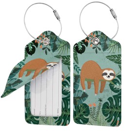 Sloth Luggage Tags Set of 2 Leather Luggage Tags Privacy Cover Suitcase Label with Stainless Steel Loop for Women Men Travel