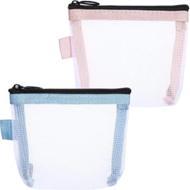 2 Pcs Mini Makeup Bag, Mesh Zipper Pouch Tiny Makeup Bag Nylon Makeup Mini Travel Bag for Coin Lipstick Jewelry (Blue+Pink, One Size)