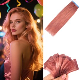 Rose Gold Pink Tape in Hair Extensions Human Hair Invisible Tape in Straight Hair Extensions 16 inch for Women