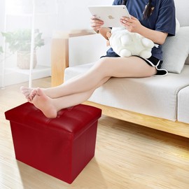 Bsketa Storage Ottoman, Folding Foot Stool with Thicker Foam Padded Seat Small Leather Storage Ottoman Bench Foot Rest for Living Room Foldable Coffee Table 17x13x13in,Red