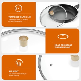 13 inch Tempered Glass Lid, CUKISIKUC Wok Frying Pan and Pots Round Replacement Cover for Skillet Cookware, Wooden Knob