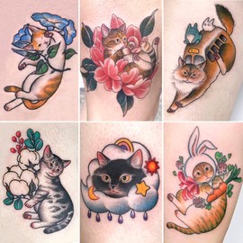 Oottati 30 Sheets Hand Arm Clavicle Temporary Tattoo Stickers Cute Japanese Style Cat for Men Women Teens