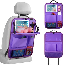 LUCMO Car Backseat Organizer with Tablet Holder,6 Storage Pockets Car Storage Organizer with Foldable Food Tray,Car Seat Back Protectors Kick Mats Travel Accessories-Dark Purple