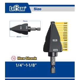 LABEAR - 1/4 to 1-1/8 Inch HSS Step Drill Bit for Metal, Plastic, Wood, Aluminum, Heavy Duty Unibit with Multi Hole Sizes, 1/4 inch Shank, M2 High Speed Steel.