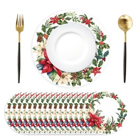 50 Pack Paper Placemats Disposable Christmas Flowers Placemats 13 Inch Merry Xmas Floral Place Mats Decorative Round Table Mats for Dinner Table Mats for Xmas Winter Holiday Party Tableware Decor