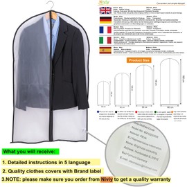 Niviy Garment Bag Suit Pack of 12 Waterproof Garment Bags, Clothes Cover Transparent 60 x 100 cm Breathable Fabric for Suits Dresses Coats Jackets Shirts Evening Dresses Suit Bag Storage Black