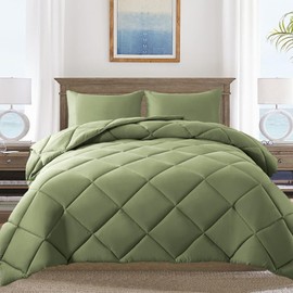 ELNIDO QUEEN® Twin Size Comforter Set - Sage Green All Seasons Bedding Comforters & Sets with 1 Pillow Case - 2 Pieces Soft Quilted Fluffy Bed Set - Down Alternative Comforter Set - Twin(64x88 inch)