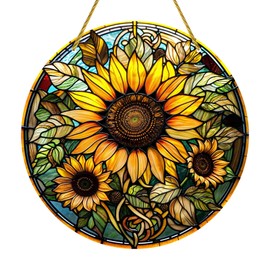 Stained Window Hanging - 1Pcs Big Sunflower Theme Round Stained Acrylic Hanging Ornament Stained Panel Hanging for Indoor Outdoor Decor, Garden Decoration or Housewarming Gift