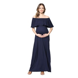 Maternity Dress Off Shoulder Maxi Pregnant Women Baby Shower Photoshoot (Navy Solid, M)