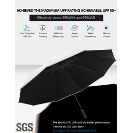 XIXVON Umbrella Pro (10 Ribs, White) | UPF 50+ 99% UV Protection, Reflective Safety Strip, Sturdy Windproof, Travel Portable, Automatic | Reverse Folding Umbrella
