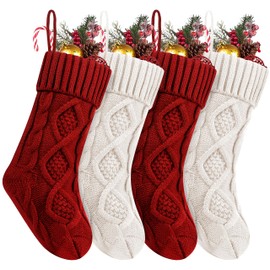 Fesciory 4 Pack Christmas Stockings, 14 Inches Cable Knitted Stocking Gifts & Decoration for Family Holiday Xmas Party Decor(Red&White 14in)