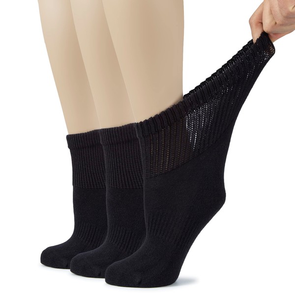 Hugh Ugoli Women's Cotton Diabetic Ankle Socks, Wide, Loose & Stretchy, Seamless Toe & Non Binding Top, Semi Cushion, 3 Pairs, Black, Shoe Size: 9-12