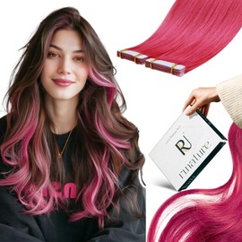 RUNATURE Hot Pink Tape in Hair Extensions Human Hair 18 Inch Remy Tape in Human Hair Extensions Pink Skin Weft Human Hair Tape in Extensions Pink 25g 10pcs
