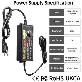 108W Universal Power Supply Adjustable DC 9~36V 3A Variable Switching Power AC/DC Adapter 9V 12V 15V 18V 20V 24V 36V Adapter100V-240V AC to DC Converter with 14 Tips & Polarity Converter & Test Leads