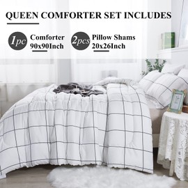 Andency White Grid Comforter Set Queen(90x90Inch), 3 Pieces (1 Plaid Comforter and 2 Pillowcases) White Plaid Comforter Set, Lightweight Microfiber Gingham Geometric Comforter Bedding Set