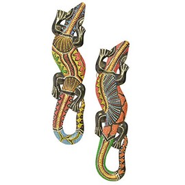 WorldBazzar Set of 2 Beautiful Unique Hand Carved Wooden Aboriginal Dot Gecko Lizard Tropical Island Wall Art 20"