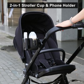 Beleeb 2-in-1 Stroller Cup Holder with Phone Holder, 360° Rotable Organizer for Pram, Bike, e-Bike, Scooter, Wheelchair, Walker, Compatible for Different Bodys of a Cup, Like Baby Bottle, Drinks