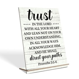 Putuo Decor Proverbs 3:5-6 Bible Verse Plaque Inspirational Desk Stand Decor Inspirational Tabletop Sign 11.4x8.6 Inches