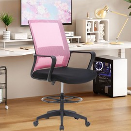 BestOffice Drafting Chair Tall Office Chair Adjustable Swivel Rolling Mesh Height with Lumbar Support Arms Footrest Mid Back for Adults Standing Desk Drafting Stool (Light Pink)