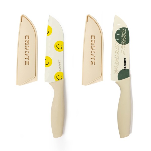 Carote Carote Santoku Knife, 5.3 inches (135 mm), Set of 2, Cute, Stainless Steel Petti, Sharp, Original Color Printing, Knife with Cover, Beige (Set of 2)