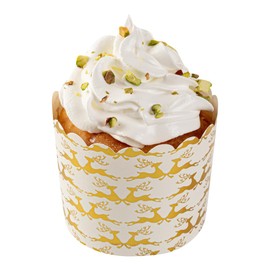 Panificio 4.5 Ounce Baking Cups, 50 Disposable Paper Baking Cups - Greaseproof, Oven-Ready, White Paper Muffin Liners, Microwavable, Gold Reindeer Print - Restaurantware