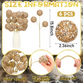 Norme 6 Pcs 15.8" Christmas Glitter Ball Tree Picks Christmas Ball Decorations Artificial Berry Stems Branches for Filler Vase Home Xmas Tree Party Holiday Decor(Champagne)