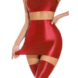 FEOYA Oil Shiny Bodycon Rave Skirtfor Women High Waist Glossy Pencil Mini Skirts Club Party Outfits Red M