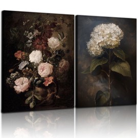 2 Pcs Vintage Floral Botanical Wall Art Farmhouse Country Still Life Classical Canvas Print Art Elegant Dark Bedroom Rose and Hydrangea Paintings Picture for Living Room Office 16x24 Inch Frame