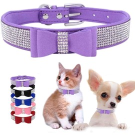 Small Dog Collars for Female Dogs, Cute Bling Rhinestone Crystal with Bow Tie Glitter Diamond Bowtie Puppy Collars for XS Small Medium Pet Girls Dogs Cats (Purple, S)