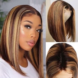 Royal Lady Highlight Bob Wig Human Hair 4/27 Honey Blonde 13x4 HD Lace Front Wigs Human Hair Pre Plucked with Baby Hair 180% Density Glueless Ombre Colored Straight Short Bob Wigs for Women 10 Inch