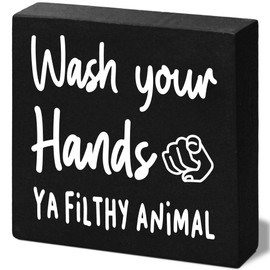 FUQWZ Funny Black Bathroom Decor, Wash Your Hands Ya Filthy Animal Wooden Box Sign, Funny House Decoration For Bathroom Toilet Washing Basin Shelf Table, Farmhouse Rustic Home Decor. (046)