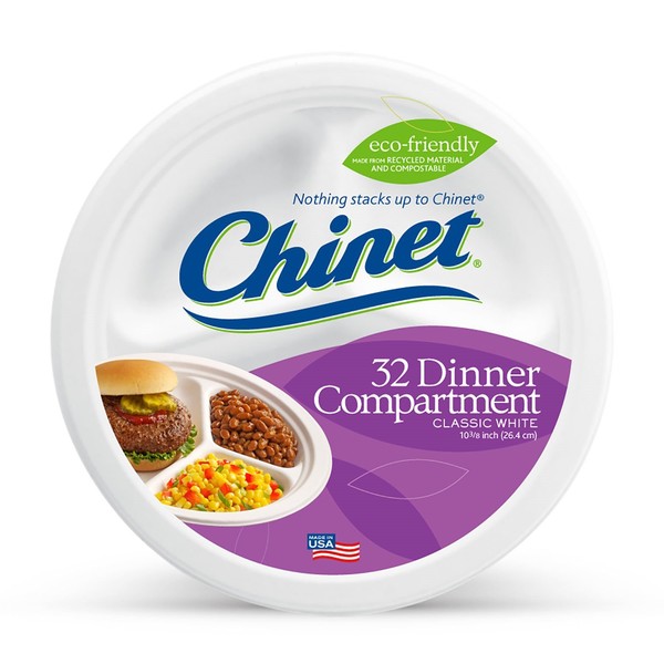 Chinet Classic White Compartment Plate, White, 10-3/8 Inch, 32 Count