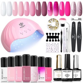 Modelones Gel Nail Color Gel 7 Colors x 6ml 48W with UV Light Beginner Set Top, Base Coat, Primer, No Wiping Required, For Women, Home DIY