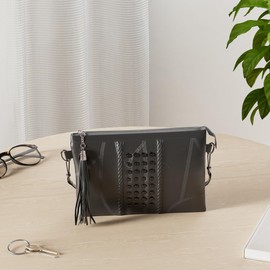 Kleine Umhängetasche Handtasche für Damen Quaste Nieten Clutch Abendtasche Weich Leder Schwarz