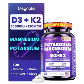 Magnesium Glycinate Potassium with Vitamin D3 10000 IU K2 MK-7, High-Potency Synergistic Complex for Bone, Immune Health, Mood Balance & Energy Support, 180 Capsules