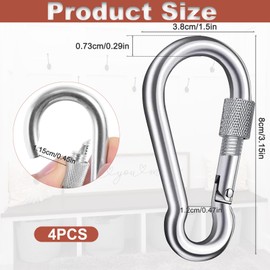 Pack of 4 Carabiner Hooks, Stainless Steel Carabiner, Safety Carabiner with 200 kg Load Capacity, Snap Hook with Screw, Screw Carabiner for Outdoor, Hiking, Travel, Home (38 x 80 mm)