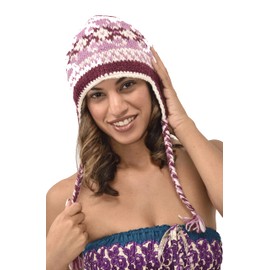 Hand Knitted 100% Merino Wool Ear Flap Snowboard Ski Chullo Peruvian Style Nepal Himalayan Sherpa Earflap Fleece Lined Winter Beanie Hat