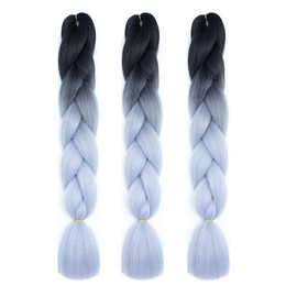 Braiding Hair Ombre Black to Silver Grey Kanekalon Braid Hair Extensions Hot Water Setting High Temperature Synthetic Fiber 24 Inches(B37-3Pack)