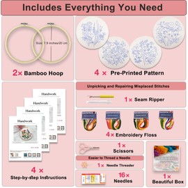 VIVIDOX 4 Sets Embroidery Kit for Beginners with Stitch Video, Flower Cross Stitch Kits for Adults, Starter, Hand Craft Lover Practice with Floral Stamped Pattern, 2 Hoops, 16 Needles, Scissors, Tools