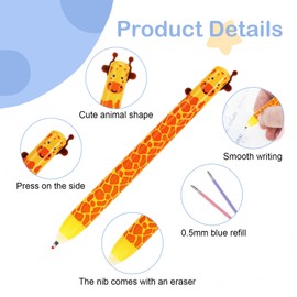 QESSUVNC 6pcs Erasable Pens With Thermosensitive Erase Ink, 0.5mm Tip Cute Animal Pens, Two-Color Rub Out Pens Elephant, Giraffe, Panda, Koala, Elk, Bee Designs, Blue &Pink